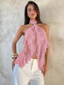 Aloruh 女士优雅多层荷叶边立领修身背心 - 粉色 - 查看 7