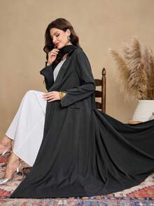 Al Najma Women's Retro Topstitching Windbreaker, Lapel Single-Breasted Loose Long Robe For Daily Wear Abayas - Black - View 3