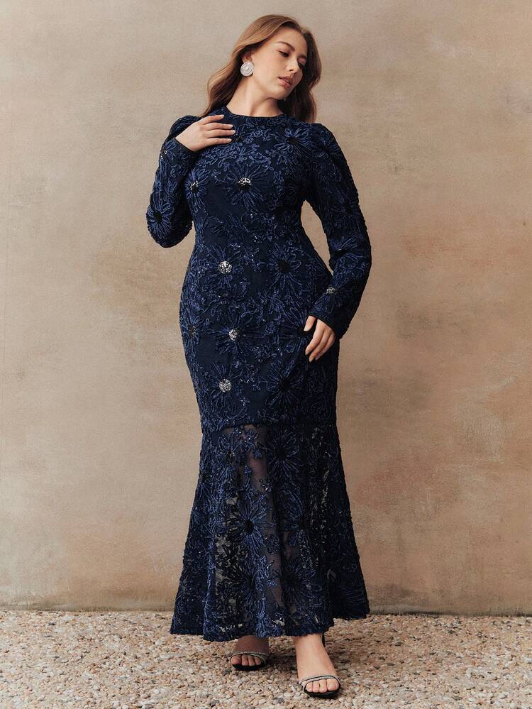 Anewsta فستان طويل مطرز بالترتر بتصميم ذيل حورية البحر مناسب للنساء في فصلي الخريف والشتاء - أزرق غامق - مشاهدة 6