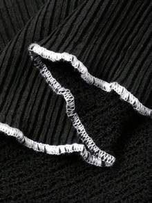 FRIFUL 女士拼接撞色条纹吊带背心层叠纹理喇叭宽松休闲百搭连衣裙 - 黑色 - 查看 7