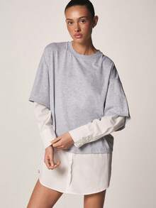 MISSGUIDED 宽松灰色棉质T恤迷你连衣裙，内搭白色长袖，休闲宽松版型，街头风。 - 灰色 - 查看 5