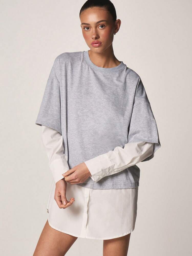 MISSGUIDED オーバーサイズグレーコットンTシャツミニドレス、重ね着風長袖インナー付き、カジュアルリラックスフィット ストリートスタイル