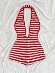 Soleia 女士度假白色针织纹理波浪图案深V领露背性感连体衣，时尚修身，适合派对、约会、下午茶、波西米亚风度假、海滩、夏季穿着 - 紅白色 - 查看 2