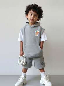 2pcs/Set Young Boy Casual Minimalist 2 In 1 Basketball Print Short Sleeve T-Shirt And Shorts Set, Suitable For Summer - Grey - View 1