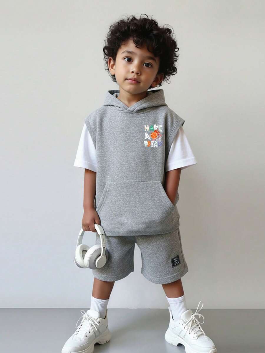 2pcs/Set Young Boy Casual Minimalist 2 In 1 Basketball Print Short Sleeve T-Shirt And Shorts Set, Suitable For Summer - Grey - View 1