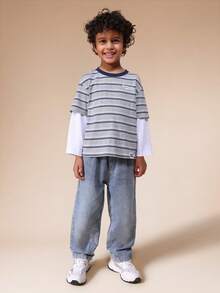 Quần jeans denim dáng rộng, xếp ly, màu xanh nhạt, cạp chun co giãn SUMWON dành cho bé trai, thích hợp mặc hàng ngày hoặc đi nghỉ mát. - Rửa nhẹ - Xem 3