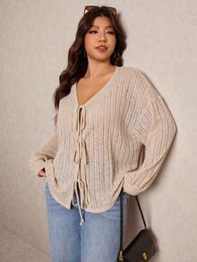 SHEIN Elaquor Plus Size Women Solid Color Knit French Fuzzy Sweater, Bow Tie Front Design, Suitable For Casual, Home, School Wear, Autumn/Winter - Apricot - View 4