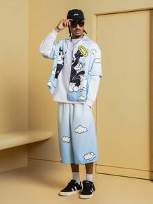 Felix The Cat X SHEIN Men's Casual Gradient Cat Print Short Sleeve Shirt And Shorts Set, Summer - Baby Blue - View 3