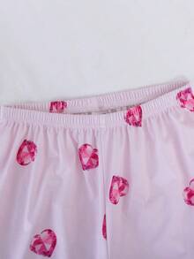 Girls' Fashionable Cute Heart & Diamond Print Cardigan & Pants Pajama Set - Pink - View 6