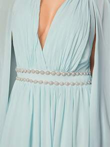 VOLUPTÉ CURVE Plus Size Summer Light Blue V-Neck Long-Sleeve Cinched Waist Floor-Length Gown For Formal Events, Parties, Going Out, Graduation, Birthdays - Green - View 8