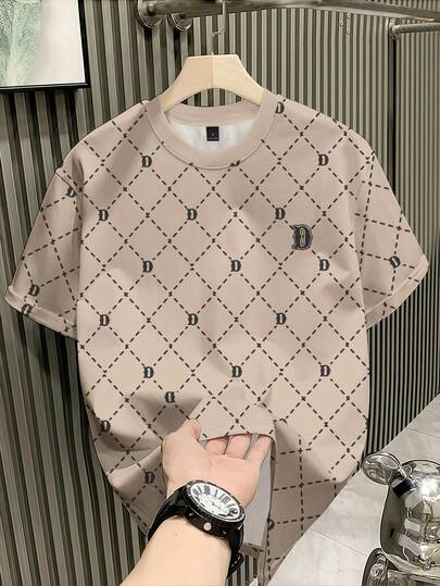 Manfinity Dauomo Camiseta de manga corta de cuello redondo con estampado total para hombre, casual y de diario, para verano