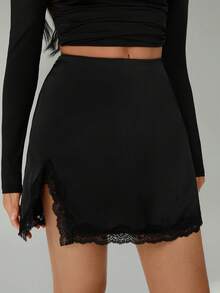 SHEIN Tall Black Satin Contrast Lace Trim Slit Sexy & Elegant Fitted Women's Skirt Summer Outfits For Women Sexy Skirt For Women Summer Outfits For Women Split Thigh Skirt Black Skirt Mini Black Short Skirt - Black - View 10