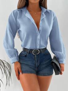 EURMUSE Áo sơ mi dài tay màu trơn cotton dành cho nữ - Màu xanh nhạt - Xem 5