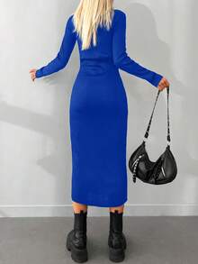 EURMUSE Solid High Neck Bodycon Sweater Dress Without Belt - Blue - View 2