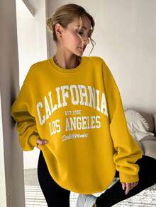 EURMUSE Women's Casual Autumn/Winter Fleece Printed Drop Shoulder Sweatshirt - Yellow - View 5