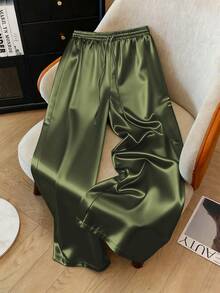 Franclia Plus Size Satin Drawstring Tie Waist Straight Leg Pants Satin Pants Green Satin Pants Silk Pants Green Silk Pants Wide Leg Satin Pants - Olive Green - View 1