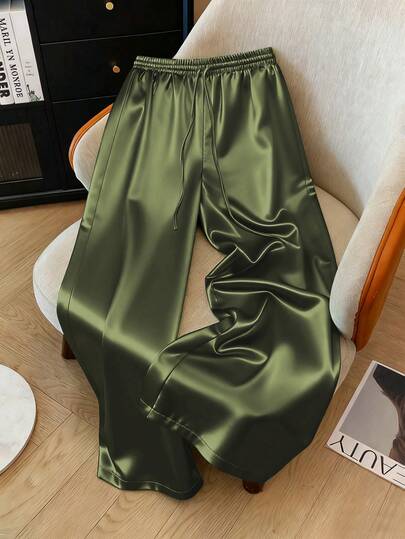 Franclia Plus Size Satin Drawstring Tie Waist Straight Leg Pants Satin Pants Green Satin Pants Silk Pants Green Silk Pants Wide Leg Satin Pants