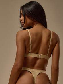 MUSERA ESSENTIALS V Triangle Elastic Hem Adjustable Strap Bra And High Leg Elastic Detail Sheer Thong Multipack Set Winter Cosy Lounge Cute Sexy Everyday Lounge Essential Spring Vacation Holiday Summer - Khaki - View 4