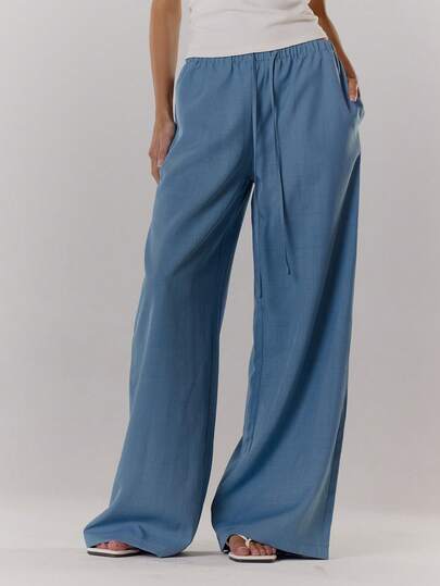 MUSERA Holiday Textured Linen Feel Tie Waist Trouser Vacation Summer Elegant Beachwear Boho Casual Airport