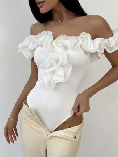 Aloruh Elegant Off Shoulder Sheer Bodysuit, Suitable For Commuting, Dating, Vacation, Wedding Season