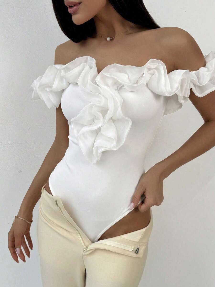 Aloruh Elegant Off Shoulder Sheer Bodysuit, Suitable For Commuting, Dating, Vacation, Wedding Season - White - View 1
