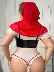 Fantasy Costume 大码女士荷叶边露肩泰迪熊连体睡衣，配腰带和披肩 - 紅白色 - 查看 2