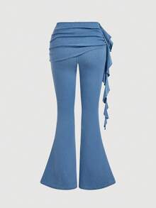 Sweetra Women's Solid Color Fashion Flare Jeans With Ruffle Hem Decoration - Blue - View 2