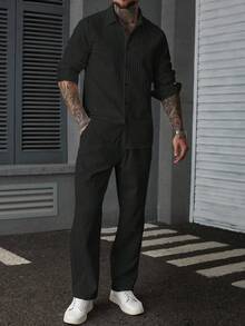 Manfinity Homme 男士黑色兩件套，極簡純色條紋長袖襯衫與長褲套裝，休閒秋季城市度假穿搭，適用春夏，正式 - 黑色 - 查看 3