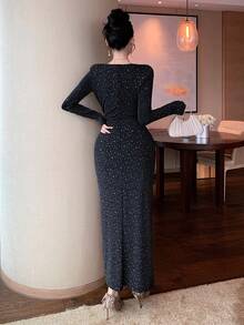 DAZY Đầm nữ cổ tròn ôm sát tay dài in họa tiết đính đá lấp lánh, thiết kế xoắn, kiểu dáng thanh lịch, đầm hè lấp lánh. - màu đen - Xem 6