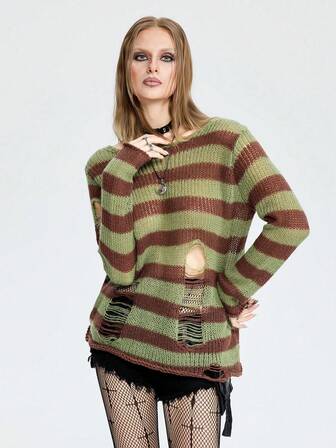 Breakform 여성용 베이직 미니멀리스트 스트라이프 고딕 스타일 섹시 찢어진 스웨터