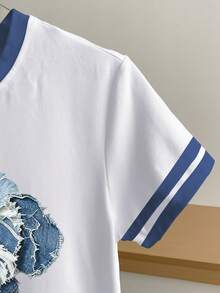 Resyla 女士休闲狗狗印花条纹拼接圆领短袖T恤，夏季