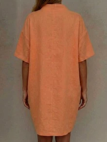 EMERY ROSE Orange V-Neck Loose Pocket Short Sleeve Casual Dress - Orange - View 2