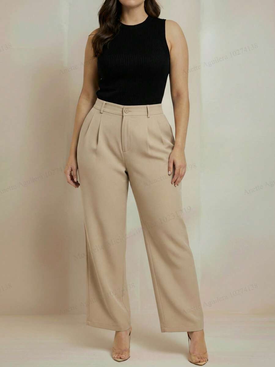 Pantalón formal dama sastrero tiro alto corte recto pierna ancha pretina cierre frontal bolsillos laterales acabado - Beis - Ver 1