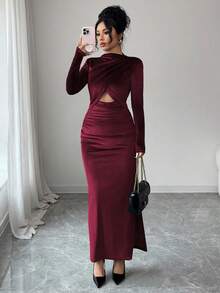 Rafferiza 女士优雅性感修身连衣裙，长袖立领修身天鹅绒面料侧开衩深蓝色连衣裙，秋冬款 - 中紫紅色 - 查看 7