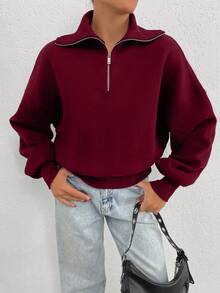 SHEIN Tall 100% Cotton Collar With Zipper Pattern Oversize Sweatshirt, Tall Women - Burgundy - View 5