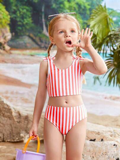 女童比基尼套装泳衣分体两件式无袖三角裤款式紫色条纹印花涤纶面料可爱两件式女童泳衣，适合海边、泳池、露营