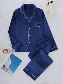 Teen Boys Pajamas-2 Piece Pajama Set Navy Blue Piped Collar Long Sleeve Button Top With Chest Pocket Elastic Waist Straight Long Pants Home Sleep Loungewear Relaxed Fit Four Seasons 2026 New Year Holiday Essential Gift - Royal Blue - View 4