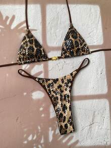 Swim Chiccia Bộ bikini hai mảnh gợi cảm họa tiết da báo buộc dây cổ cho nữ, trang trí vỏ sò kim loại, thích hợp cho bãi biển, khu nghỉ dưỡng và tiệc đêm trên bãi biển. - Nhiều màu - Xem 3