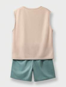 SHEIN 2件套儿童/青少年男童休闲百搭舒适拼接圆领宽松无袖背心和短裤针织套装，适合学校、花园、海滩、生日、春夏穿着。 - 綠色 - 查看 2