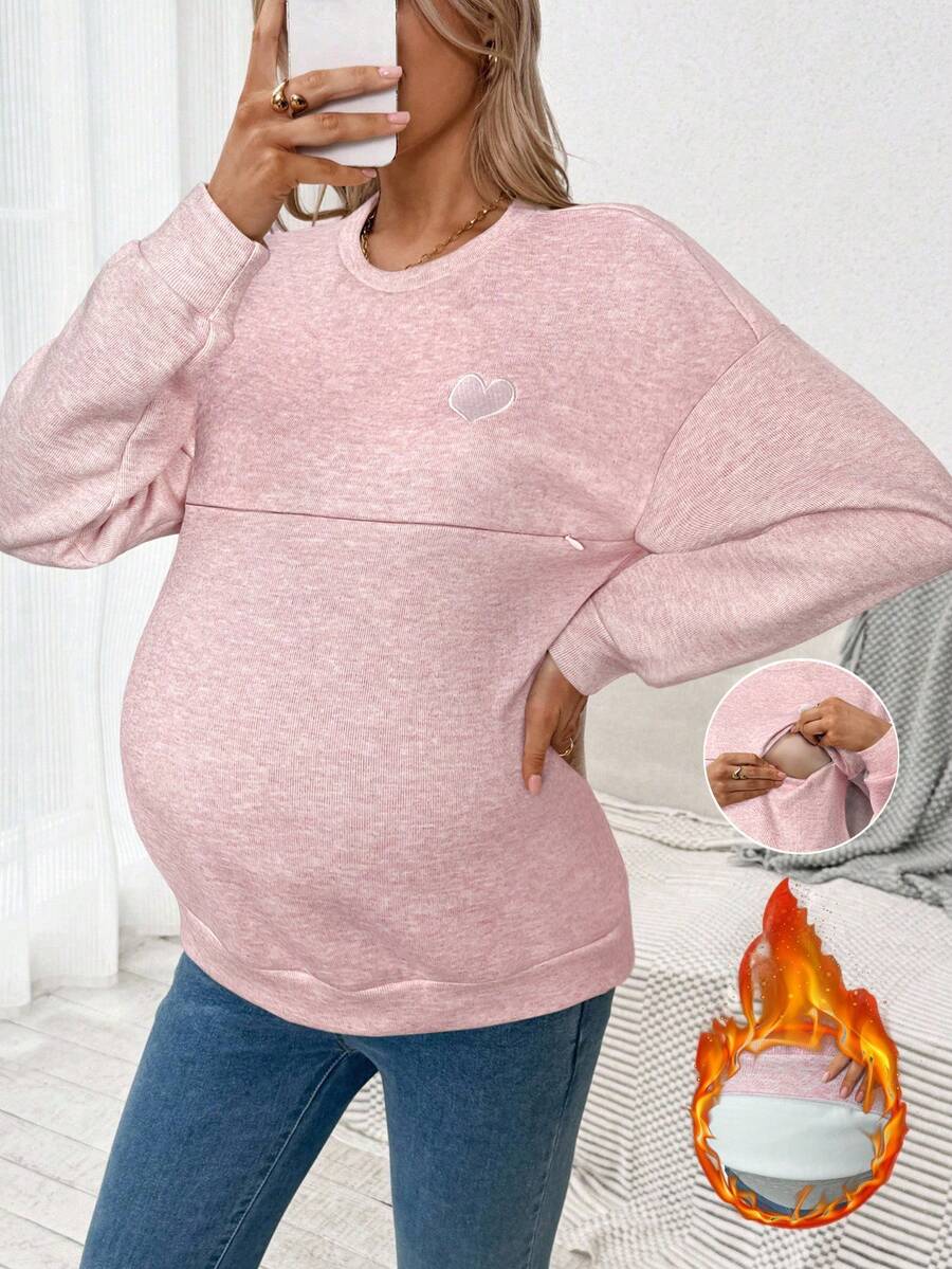 SHEIN 孕妇纯色简约休闲圆领长袖卫衣 - 粉色 - 查看 1