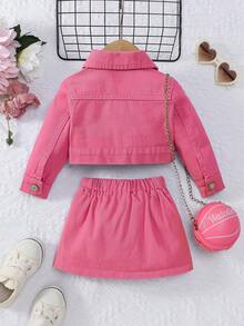 女婴可爱休闲舒适牛仔两件套 - 玫紅色 - 查看 2