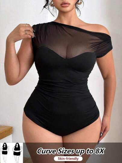 SHEIN CURVE+ Plus Size Women Elegant Elastic Mesh Asymmetric Off-Shoulder Bodysuit