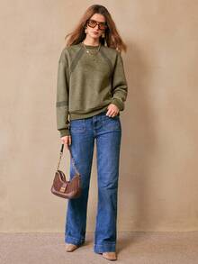 Franclia Women's Elegant Lace Trim Patchwork Sweatshirt - Army Green - View 5