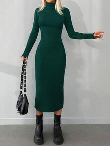 EURMUSE Turtleneck Ribbed Knit Bodycon Sweater Dress - Dark Green - View 3