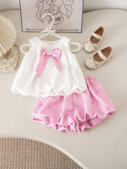 SHEIN 2-Piece Set: Cute Baby Girl Fashionable Solid Color Patchwork 3D Bow Round Neck Sleeveless Top + Sweet And Cute Striped 3D Bow Shorts. French Elegant And Ladylike Style, Perfect For Back-To-School Or Street Style. Mommy And Me Matching Outfits.