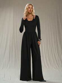 TRNVIE Mono de mujer de encaje y plisado en negro de 2 en 1 para otoño/invierno - Negro - Ver 3