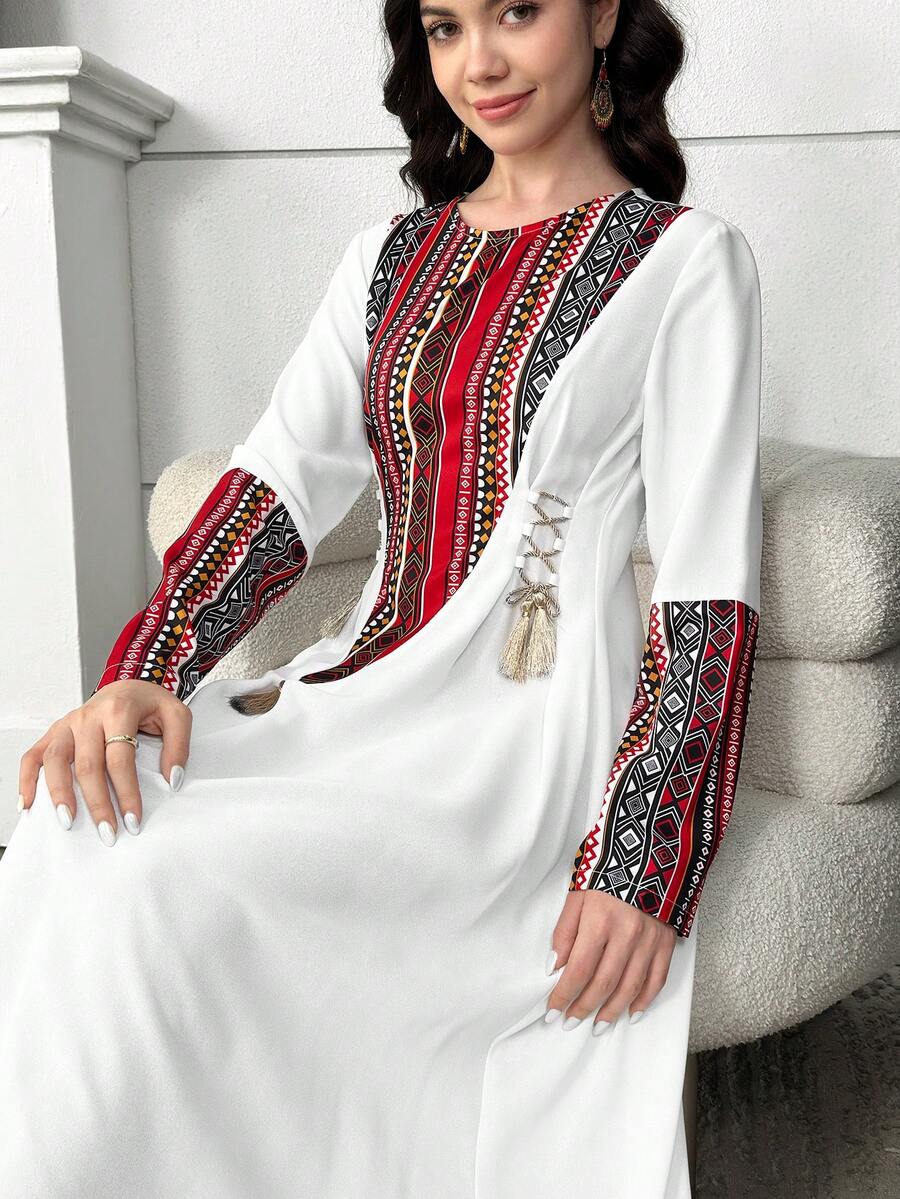 SHEIN 两件套图案连衣裙配披肩,适合青少年女孩的休闲节日服装 - 藍色 - 查看 1
