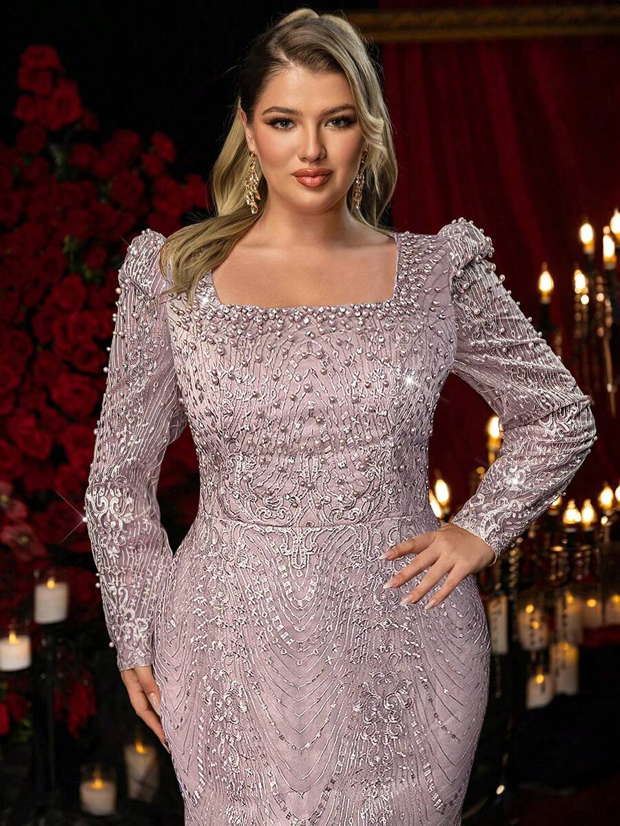 Glamrae Đầm dạ hội dáng đuôi cá thanh lịch, lãng mạn màu sâm panh, cổ vuông, tay dài, chất liệu xuyên thấu đính đá và ngọc trai, thích hợp cho đám cưới, tiệc tùng, các dịp trang trọng, dạ hội, lễ phục dạ tiệc (thiết kế đính kết cầu kỳ). - Bụi hồng - Xem 1