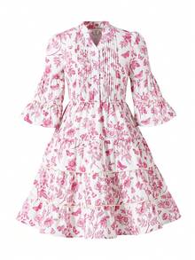 Vestido casual para meninas pré-adolescentes com estampa floral e de borboletas, decote vazado, mangas com babados e barra em camadas, ideal para férias na primavera/verão/outono. - Rosa - Ver 6