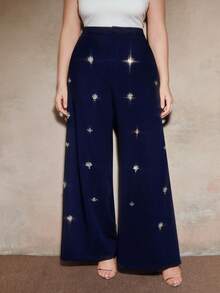 Valentine Anewsta Women's Plus Size Elegant Formal Pants, Chic Luxury Embellished Slim Fit Trousers For Party, Work, Graduation, Wedding, Red Dress - Navy Blue - View 5